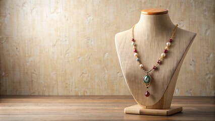 Elegant wooden and stone display stands showcase a delicate necklace pendant against a crisp white and cream background.