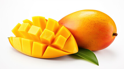 Mango on white background. Ripe juicy mango with slices.