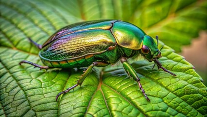 Naklejka premium Close-up of a solitary green June beetle, also known as Beerenwanze, perched on a delicate, vibrant green raspberry leaf.