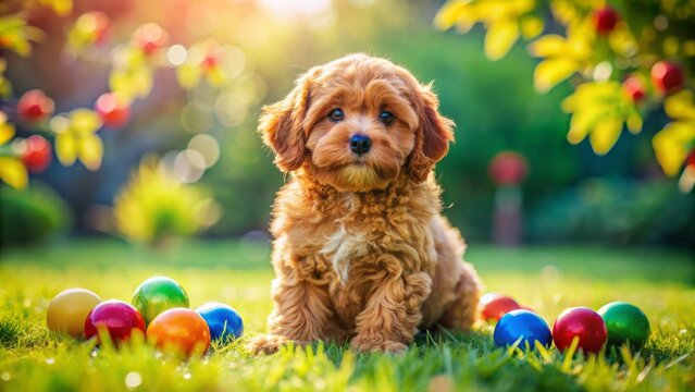 Adorable, fluffy, playful, red cavapoo puppy sitting alone on a bright green grass, surrounded by scattered colorful toys outdoors.