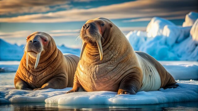 Two tranquil walruses lounging side by side on snow-covered Arctic ice, their blubbery bodies glistening in soft winter sunlight.