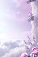 Snowy Cliff with Pink Flowers, serene and pastel, cloudy sky background with copy space