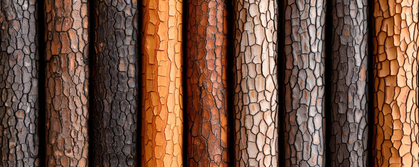 Close up view of diverse bark patterns in a thick forest 