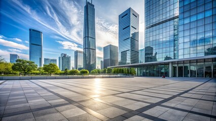 Modern glass skyscraper looms over vast, empty city square with sleek, gray floors and abstract, geometric landscaping features.