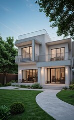 Fototapeta premium A Contemporary Dwelling with Stylish Architecture, Beautiful Exterior Design, and a Serene Garden Setting. Perfect Family Home in a Residential Neighborhood, Featuring Thoughtful Construction
