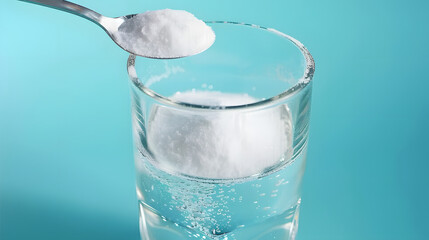 Adding baking soda into glass of water on light blue background, closeup