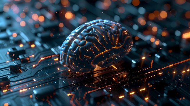 Futuristic Digital Brain with Artificial Intelligence Concept - 3D Rendered High-Tech Background for Business Innovation, Technology, and Data Analysis Applications