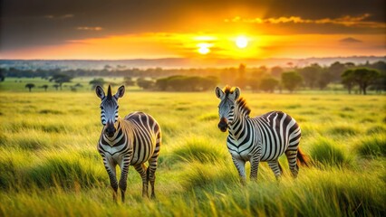 Two majestic zebras graze peacefully in lush green grass against a breathtaking golden sunrise horizon in African savannah landscape.