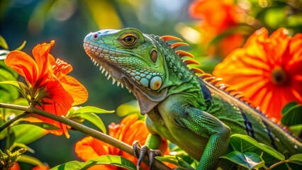 Fototapeta premium Vibrant green iguana perched on a bright orange hibiscus flower branch amidst lush tropical foliage in warm sunlight filters.