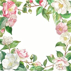 Naklejka premium Camellia frame clipart, flower border, watercolor illustration, white and pink, isolated on white background,