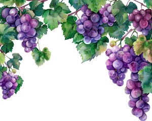 Grape frame clipart, fruit border, watercolor illustration, purple and green, isolated on white background,