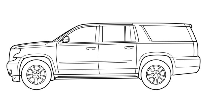 Ivano-Frankivsk, Ukraine - 28 June 2024: Outline drawing of a Chevrolet Suburban is a series of SUVs built by Chevrolet 11 generation side view. Vector outline doodle illustration
