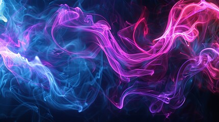 Obraz premium A surreal scene of abstract neon patterns swirling amidst wisps of smoke, creating an otherworldly atmosphere against a pitch-black backdrop.