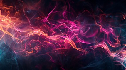 Obraz premium A surreal scene of abstract neon patterns swirling amidst wisps of smoke, creating an otherworldly atmosphere against a pitch-black backdrop.