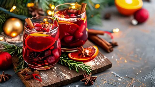 Christmas mulled wine. Traditional Xmas festive drink with decorations and fir tree