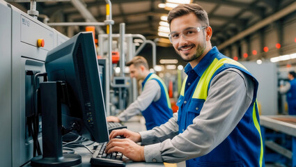 A factory worker wearing safety glasses and a blue vest smiles as he uses a computer in a modern manufacturing facility