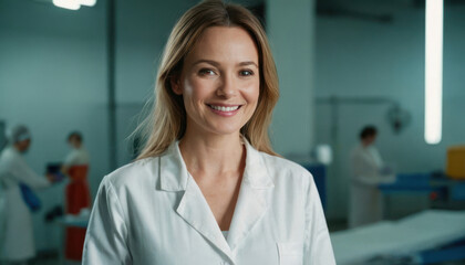 Fototapeta premium Woman in lab, research, food or pharma company. Concept of innovation, study and experiment at job for medicine or food development. Generative AI