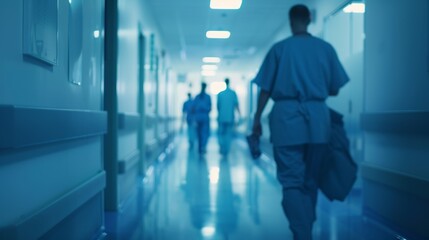 Blurred medical team in scrubs walking through a hospital hallway, with a clean, sterile environment and ample copy space