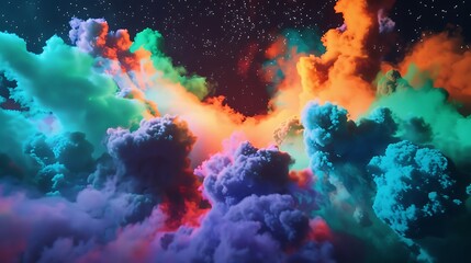 Fototapeta premium A surreal scene of neon green light refracting through billowing clouds of colorful smoke, creating an otherworldly spectacle against a black backdrop.