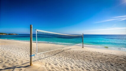 Clear blue sky and calm sea surround a vacant beach volleyball court with a net, awaiting a lively match.