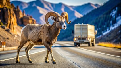Naklejka premium A majestic Bighorn sheep cautiously navigates a treacherous highway crossing, halting traffic, in a stunning display of wild elegance.