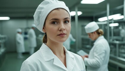 Woman in medical hat in lab, research or pharma company. Concept of innovation, study and experiment at job for medicine development. Generative AI