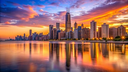 Fototapeta premium Golden hour illuminates majestic skyscrapers lining Lake Michigan's shoreline, reflecting vibrant hues of orange, pink, and purple in glassy waters.