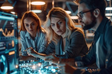 Business team collaborating on AI project, futuristic office with holographic displays, diverse group of professionals, innovative technology, trendsetting 2024 style