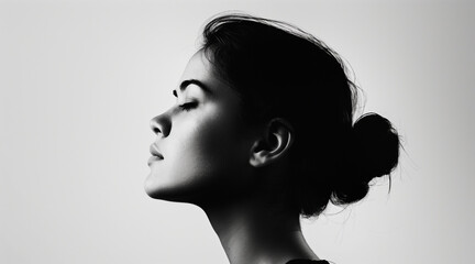 Black and white photo of side profile portrait of a woman, seamless white background, high contrast