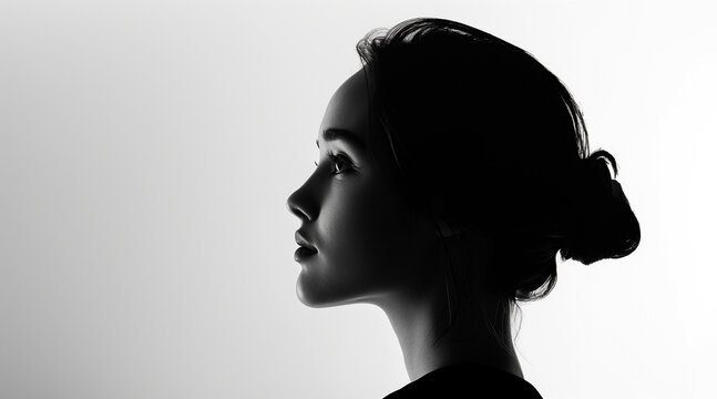 Black and white photo of side profile portrait of a woman, seamless white background, high contrast