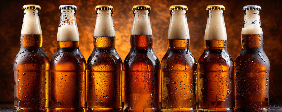 Row of bottle with cold fresh golden beer on wooden table on blurred background. Craft beer on bottle. Oktoberfest, International beer day and St. Patrick's day. Brewing festival. Copy space.