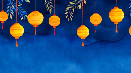 Obraz premium Ink watercolor illustration featuring serene golden lanterns and deep blue skies for Mid Autumn Festival banner design watercolour background 