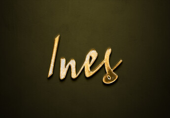 Old gold text effect of Arabic name Ines with 3D glossy style Mockup.