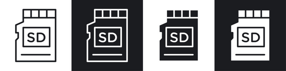 Sd card vector icon set in black and white filled and solid style