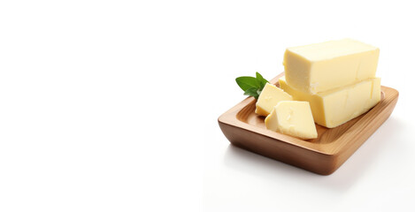 fresh butter block on wooden bowl on white background