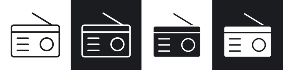 Radio vector icon set in black and white filled and solid style