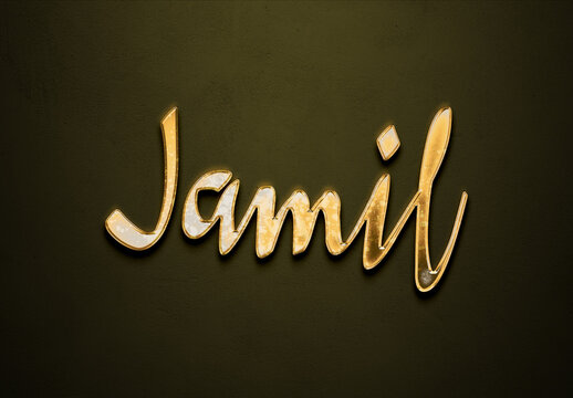 Old gold text effect of Arabic name Jamil with 3D glossy style Mockup.