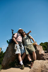 Obraz premium A gay couple hikes together through nature on a sunny summer day, enjoying the view from a rocky overlook.