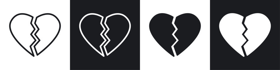 Heart Crack vector icon set in black and white filled and solid style