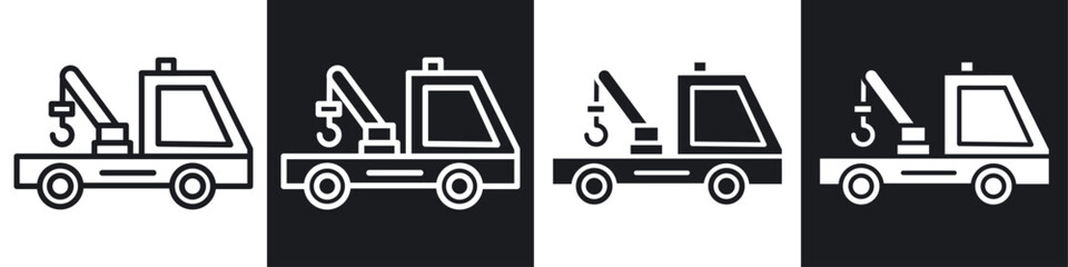 Tow truck vector icon set in black and white filled and solid style