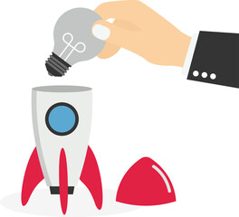 person holding a dead light from inside a rocket, a metaphor for a mental block. Simple flat conceptual illustration.

