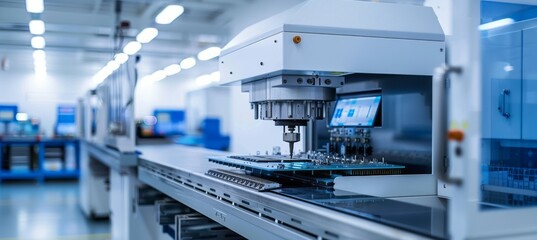 Drill machine for microchip manufacture component. Semiconductor chip industry. Generative AI technology.	

