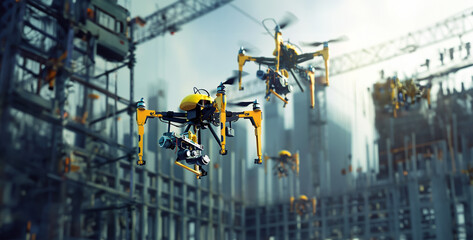 A robotics in construction with robotic drones collaborating to build structures autonomously, speeding up construction processes