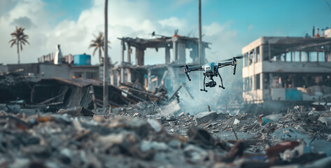 A response with powered drones surveying disaster-stricken areas, assessing damage, and identifying survivors