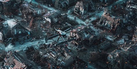 A response with powered drones surveying disaster-stricken areas, assessing damage, and identifying survivors