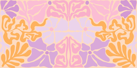 Fototapeta premium Groovy floral seamless tile in Matisse vibes. Trendy Naive Floral Vector Background in 1970s. Art deco pattern. Can be used for Print on fabric, wrapping paper, wallpaper.