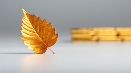 Obraz premium A single, golden leaf rests upon a pristine white table, dwarfed by a towering stack of gold bars in the background. The delicate leaf emphasizes the sheer scale and value of the larger bars,