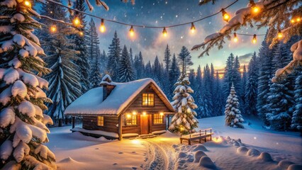 Fototapeta premium Snowflakes gently fall on a serene winter night at a cozy cabin surrounded by evergreen trees and twinkling string lights.