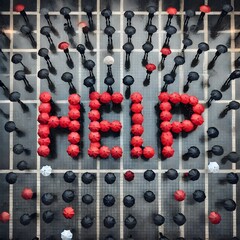 Rainy Day Cityscape with Umbrellas Forming 'Help'