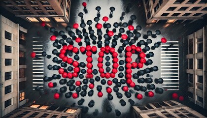 Rainy Day Cityscape with Umbrellas Forming 'Stop'